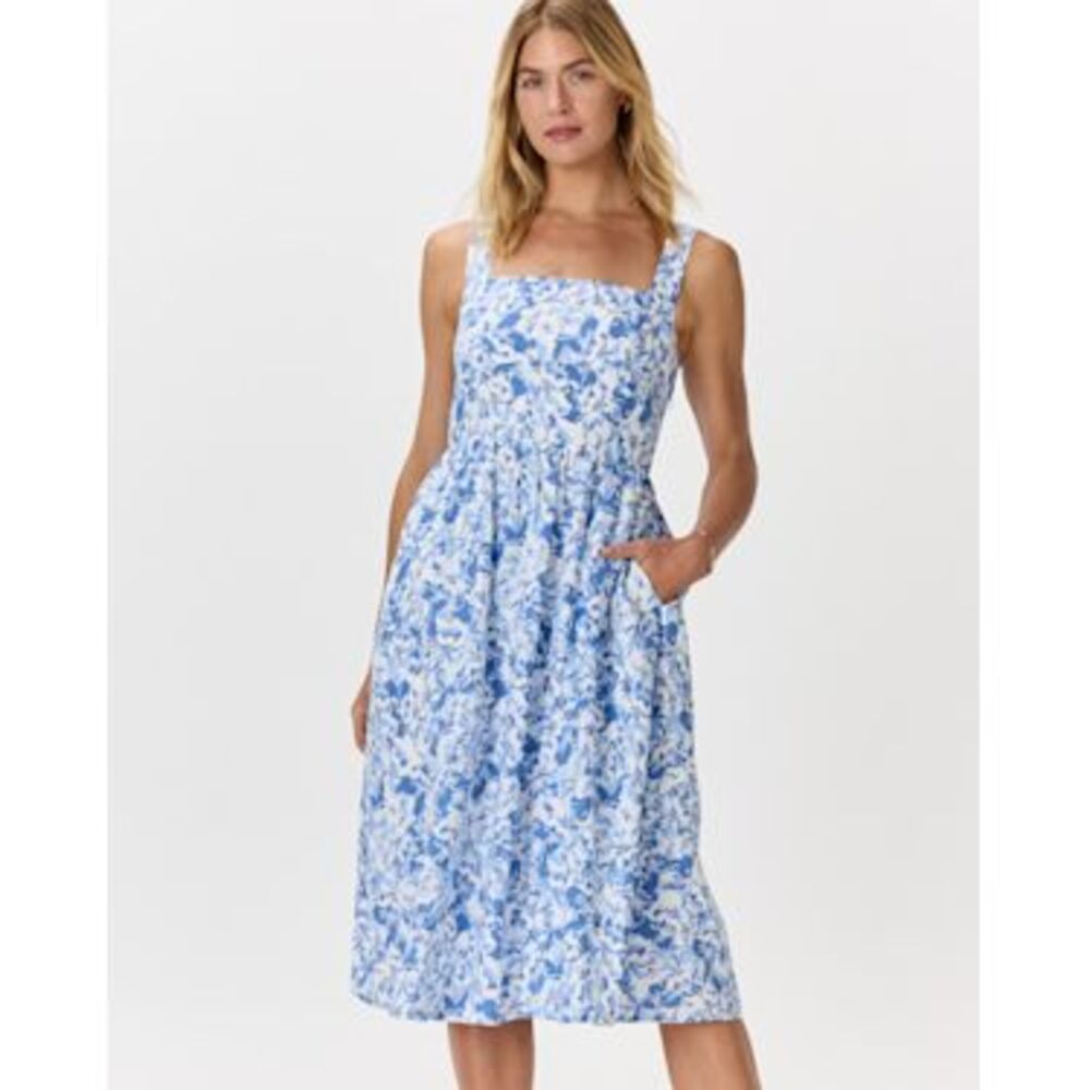 Quince Blue and White Floral Square-Neck Midi Dress